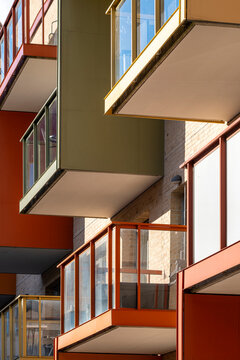 Angular block architecture and clean housing structures building an urban frame of contemporary sweden, stockholm, stora ursvik expressed by residential facade contrast