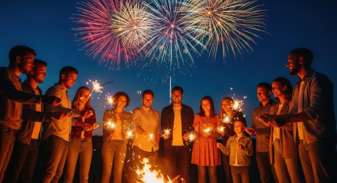 Vibrant bonfire night celebration with fireworks and sparklers - Powered by Adobe