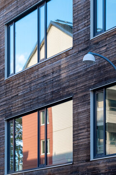 Modern architecture and colorful housing shaping an urban block of contemporary design in sweden, stockholm, stora ursvik featuring residential facade contrast