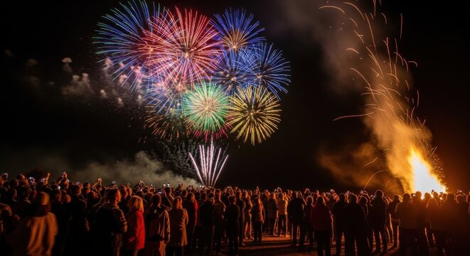 Spectacular bonfire night celebration with vibrant fireworks display under night sky - Powered by Adobe