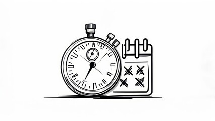 Illustration of stopwatch and calendar, hand-drawn in monochrome, representing time management