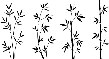 Bamboo plant silhouette vector set, elegant black leaf branches illustration, natural botanical bamboo stems design for decoration, cad drawing flat vector illustration
