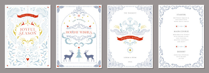 Fototapeta na wymiar Business holiday cards with messages. Greeting cards with a Christmas tree, birds, an ornate floral frame, background, and space for text. Hand-drawn.