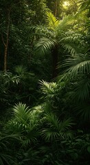 Dense tropical foliage glows with warm summer light, showcasing vibrant green plants and a humid, natural ecosystem. Serene jungle scene ,dense ,environment ,fresh