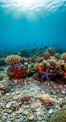 Vibrant Coral Reef Ecosystem with Starfish and Fish Underwater.