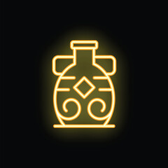 Bright yellow neon icon of an ancient amphora, glowing on a black background