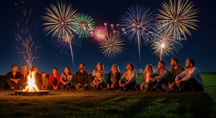 Bonfire night celebration with colorful fireworks and community gathering under a starry sky