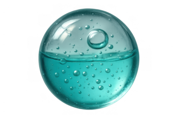 Teal liquid in transparent sphere creating bubbles and waves on clear background, science and cosmetic concept