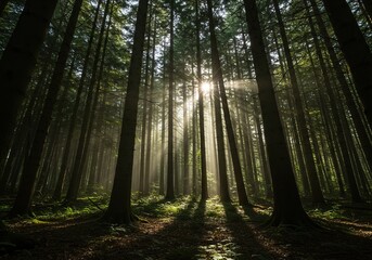 Dense, untouched forest canopy with sunlight filtering through, highlighting the serene wilderness and natural beauty. Wild forestry ,canopy ,tranquil ,leaves