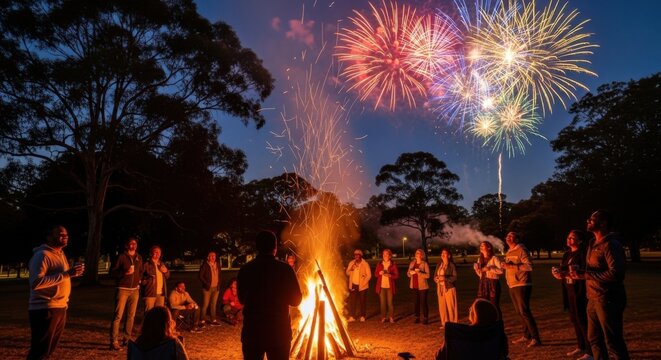 Celebration of bonfire night with friends and family under vibrant fireworks display in scenic outdoor setting