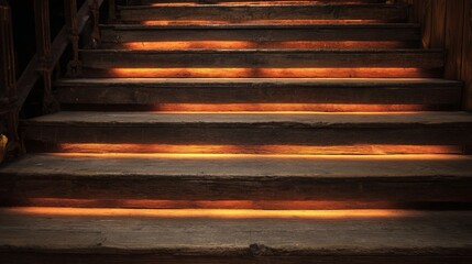 A series of wooden steps are lit up with a warm glow. Concept of tranquility and peacefulness, as the steps seem to lead to a serene and calming environment. The warm light adds a touch of magic