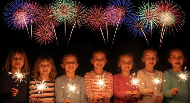 Festive bonfire night celebration with children holding sparklers and colorful fireworks display