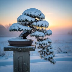 Snow covered Japanese bonsai tree on a stone pedestal during a cold winter sunrise.