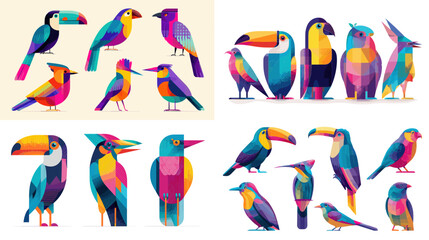 Naklejka premium Bright tropical bird illustration set featuring toucans and exotic birds in vibrant geometric color blocks, perfect for nature posters, wildlife branding and decorative art projects.