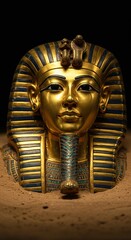 Detailed close-up of an ancient Egyptian golden death mask or funerary artifact recently discovered during a desert excavation project ,mask ,ruler ,findings