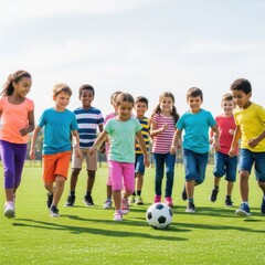 Obraz premium Joyful celebration of children’s day with kids playing soccer outdoors