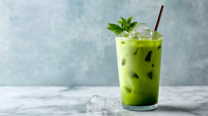A glass of iced matcha latte, ice cubes in the drink, mint leaves on top