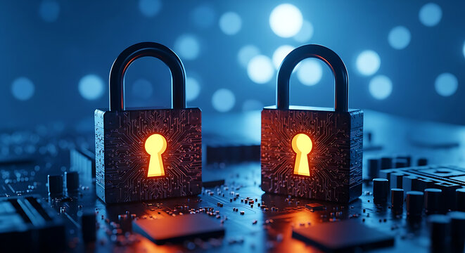 Digital data security and futuristic network protection concept with a glowing padlock on a computer circuit board