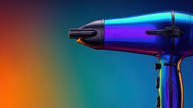 Close up studio shot of a shiny metallic blue hair dryer against a vibrant colorful gradient background.