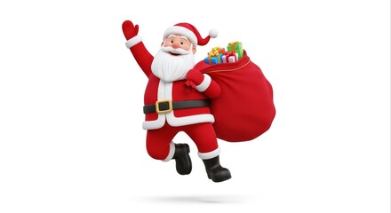 Cartoon Santa Claus Waving Red Suit Carrying Gifts Bag on White