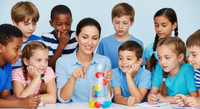 Happy children's day celebration with teacher and kids engaging in fun educational activities