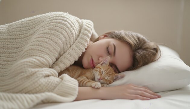 Young woman sleeping peacefully in a cozy bed, cuddling a fluffy ginger kitten against a white pillow and knitted blanket, serene domestic moment of warmth and companionship