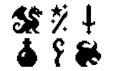 Obraz premium Retro pixel fantasy icons: dragon, sword, magic wand, potion, staff, helmet
