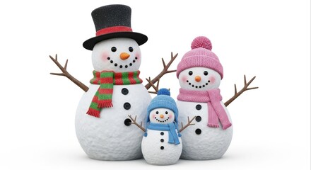 Festive Snowman Family with Colorful Scarves and Hats on White Background