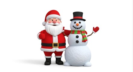 Festive Cartoon Santa with Cheerful Snowman on Clean White Background