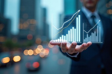 Cityscape Blurred Background with Holographic Charts and Graphs: Embracing Technology in Business