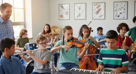 Celebrating children's day with kids playing musical instruments in classroom