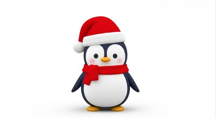 Cute Penguin Wearing Red Santa Hat and Scarf on White Background