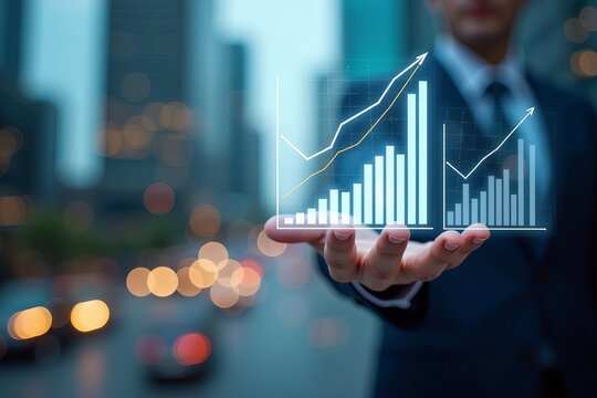 Cityscape Blurred Background with Holographic Charts and Graphs: Embracing Technology in Business - Powered by Adobe