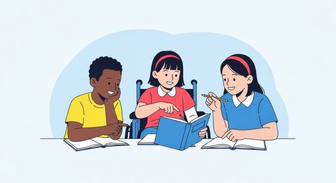 Children's day celebration: diverse kids reading and learning together for school education