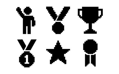 Pixel art icons of awards and achievements in black and white design