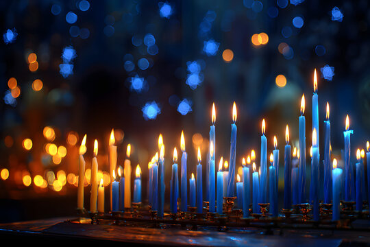 Flaming blue candles at night on dark background with stars and lights. Candles in Christian church as catholic symbol. Abstract festive backdrop. Christmas eve or Chanukah banner with copy space