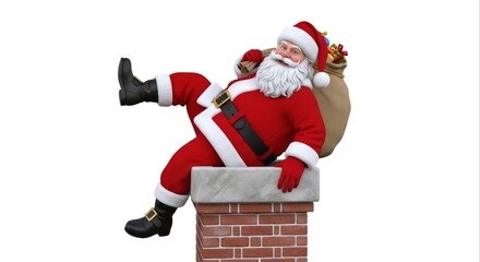 Relaxing Santa Claus in Red Suit on Brick Chimney Isolated