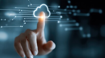 A hand touches a glowing cloud icon connected by lines of data on a dark blue background