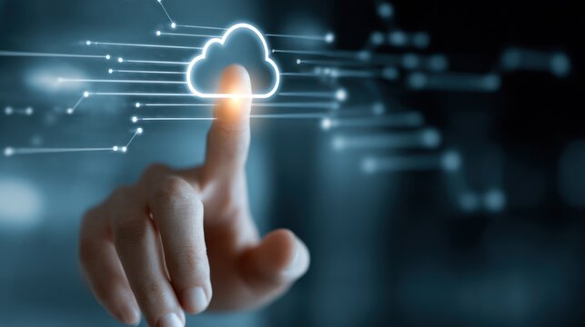 A hand touches a glowing cloud icon connected by lines of data on a dark blue background