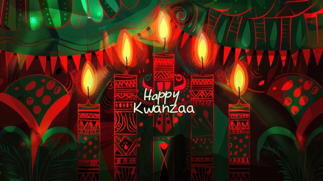 Colorful Kwanzaa celebration with candles, traditional decorations, and festive banners. The scene is vibrant with red, green, and black colors.