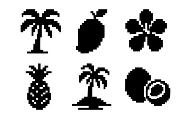 Naklejka premium Pixel art tropical icons: palm trees, fruits, and flowers in black and white