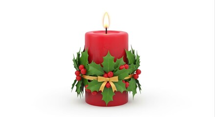Festive Red Candle Burning with Holly and Ribbon on White Background