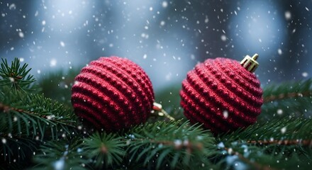 Two red textured christmas ornaments on a pine branch with falling snow