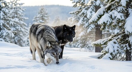Two Majestic Wolves Roaming Through a Serene Winter Wonderland.