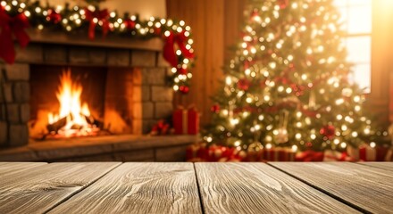 Cozy christmas fireplace and tree with wooden table foreground