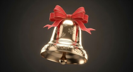 Festive Gold Bell with Red Ribbon on Dark Background for Winter Holiday