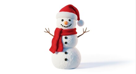 Festive Snowman with Red Scarf and Santa Hat on White Background