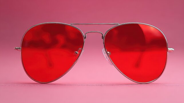 Close up studio shot of aviator sunglasses with metallic frame and vibrant red lenses placed on a pink surface with glitter.