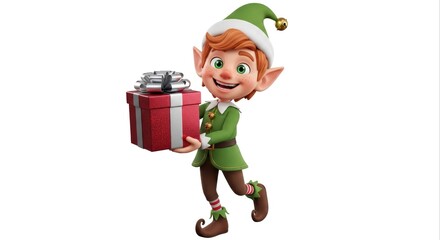 Joyful Elf Holding Red Gift Box on White Background