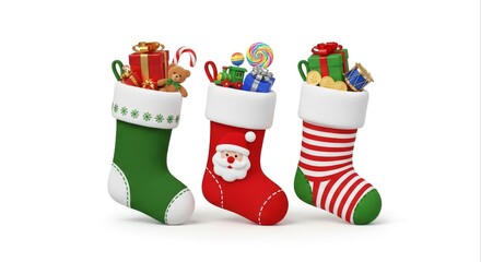 Colorful Christmas Stockings Filled with Gifts on White Background